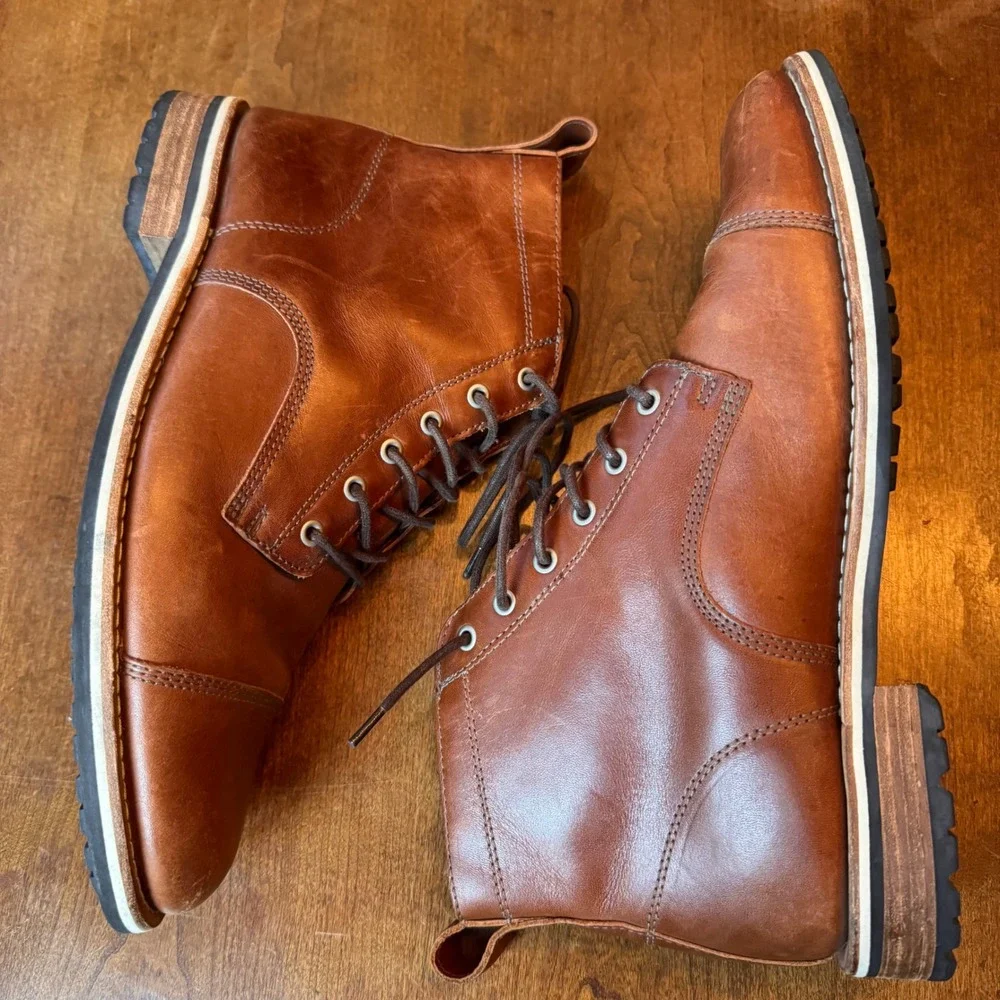 HELM‎ Hollis Boots Men 12EE Tan Leather Cap Toe Lace Up Lug Sole Work Casual